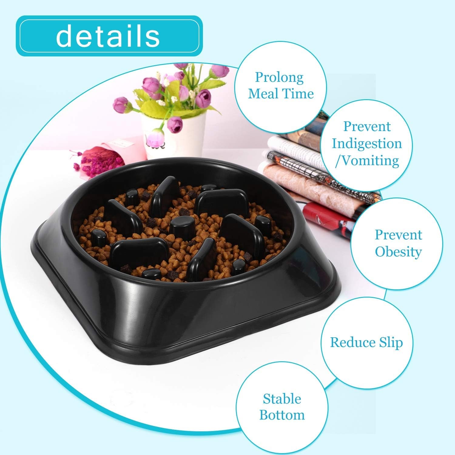 Dog Feeder Slow Eating Pet Bowl Eco-Friendly Non-Toxic Preventing Choking Healthy Design Bowl for Dog Pet(S-M,Black)